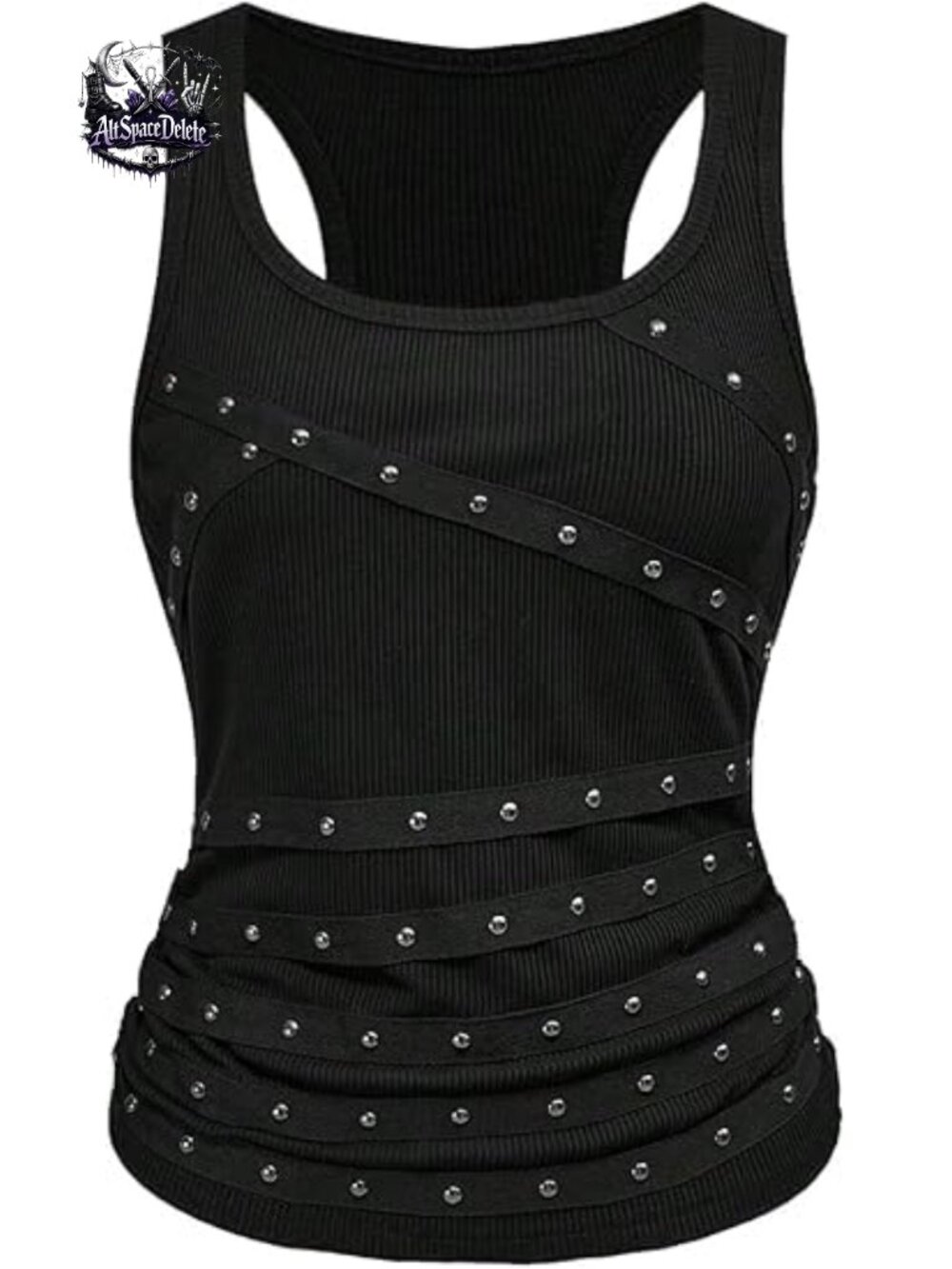 Punk Studded Ruched Tank Top Scoop Neck Sleeveless Fitted Grunge Rock Concert